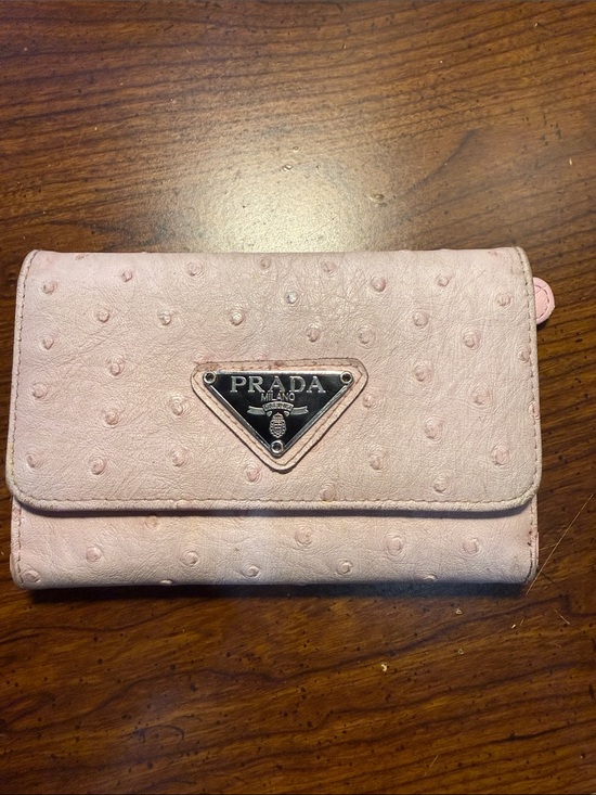 Prada Handbags - Prada Beige Ostrich-Embossed Leather Fold Wallet with Logo Plaque